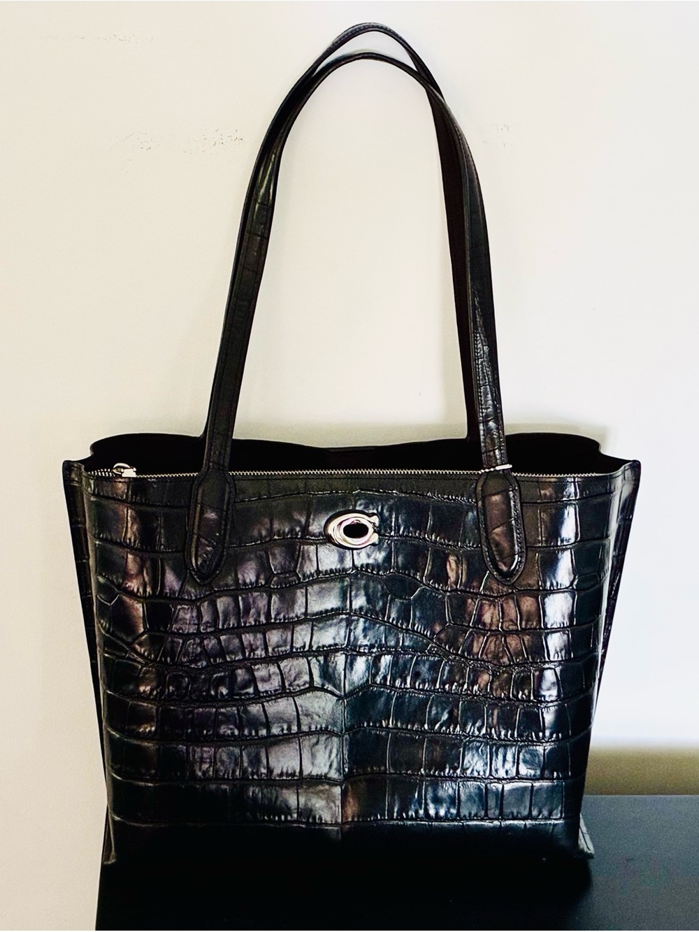 Coach Black Croc-Embossed Leather Maggie Tote with Silver Hardware